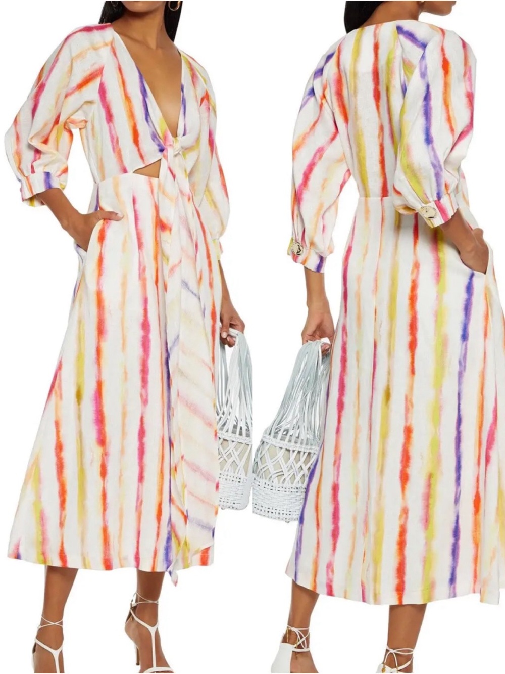Nicholas Asilah Tie-Front Printed Linen Midi Maxi Dress Brushed Rainbow Stripe